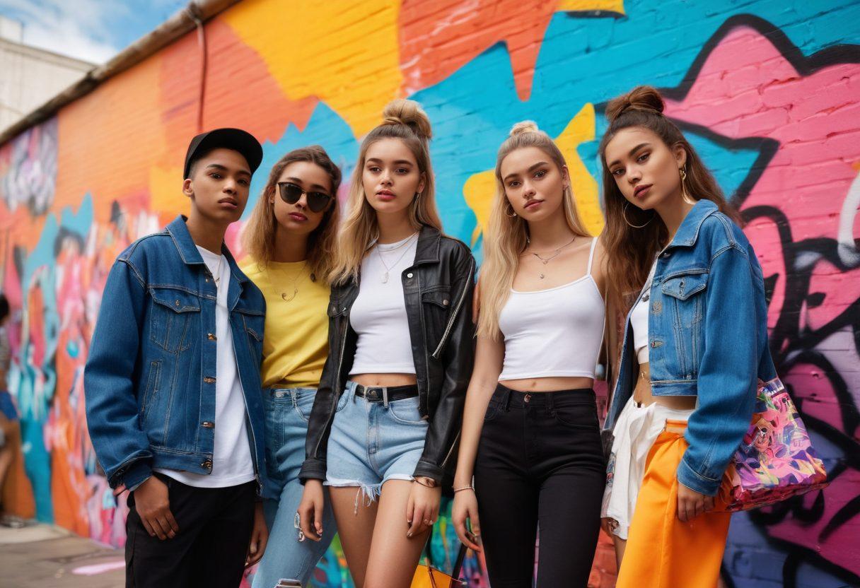 A vibrant and dynamic scene featuring a diverse group of stylish teenagers exploring a trendy urban environment, showcasing various fashion trends from streetwear to casual chic. They are engaging in lively discussions, holding shopping bags, and trying on outfits in a boutique-like setting, with colorful graffiti art walls in the background. The atmosphere should reflect empowerment and individuality. super-realistic. vibrant colors. urban style.