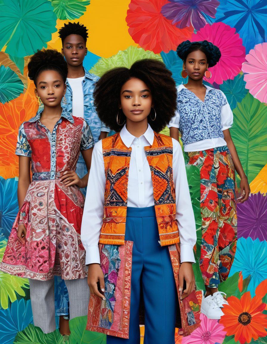 A vibrant collage featuring diverse teenagers engaged in fashion design and cultural exchange activities. Showcase fashion sketches, colorful garments, and accessories alongside symbols of community engagement like community gardens and art murals. Incorporate elements representing different cultures, like traditional patterns and fabrics, to highlight the theme of connectivity. The overall atmosphere should be lively and collaborative, capturing the essence of empowerment. vibrant colors. 3D. energetic.