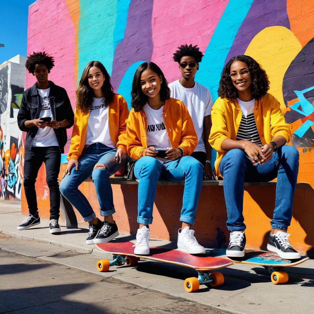 A vibrant scene depicting a diverse group of young people engaged in various trendy activities, such as skateboarding, painting, and using smartphones, set in a modern urban environment. Incorporate colorful street art in the background, with fashionable clothing styles reflecting diverse cultures. The atmosphere should be energetic and inspirational. Use bright colors and a dynamic composition. super-realistic. vibrant colors. 3D.